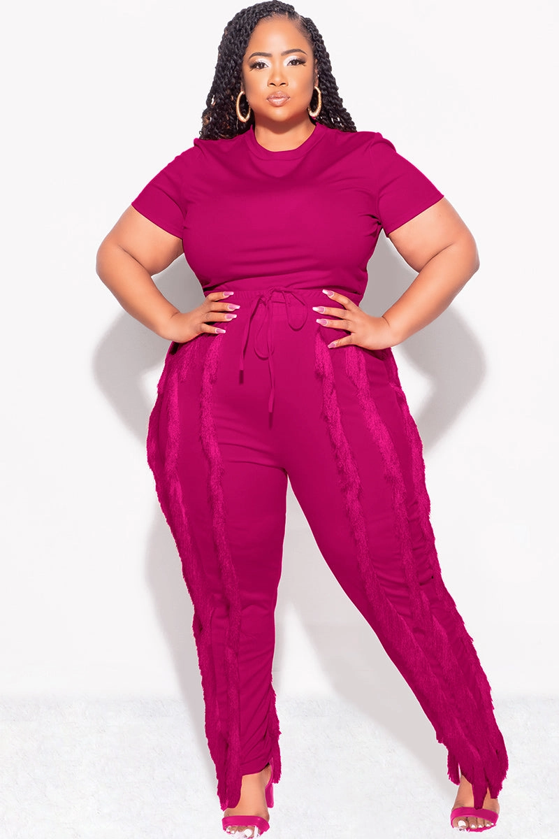Quick Comfort Metallic accents Final Sale Plus Size 2pc Tassel Pant Set in Berry