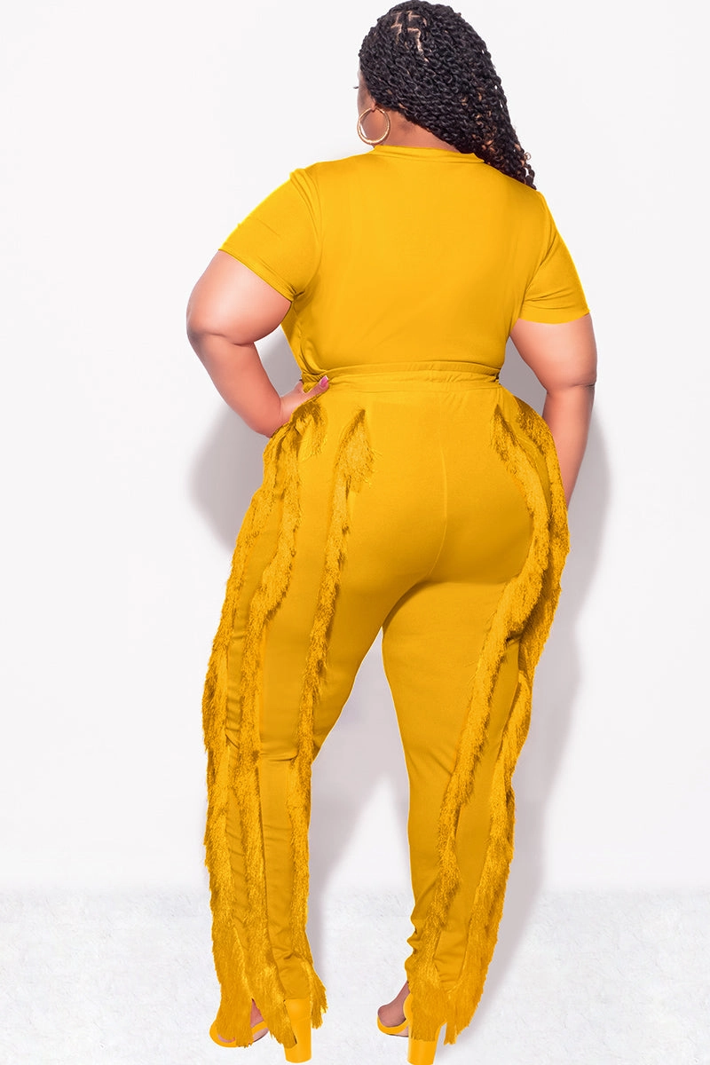 Light Shape Sport Ready Fit Final Sale Plus Size 2pc Tassel Pant Set in Mustard