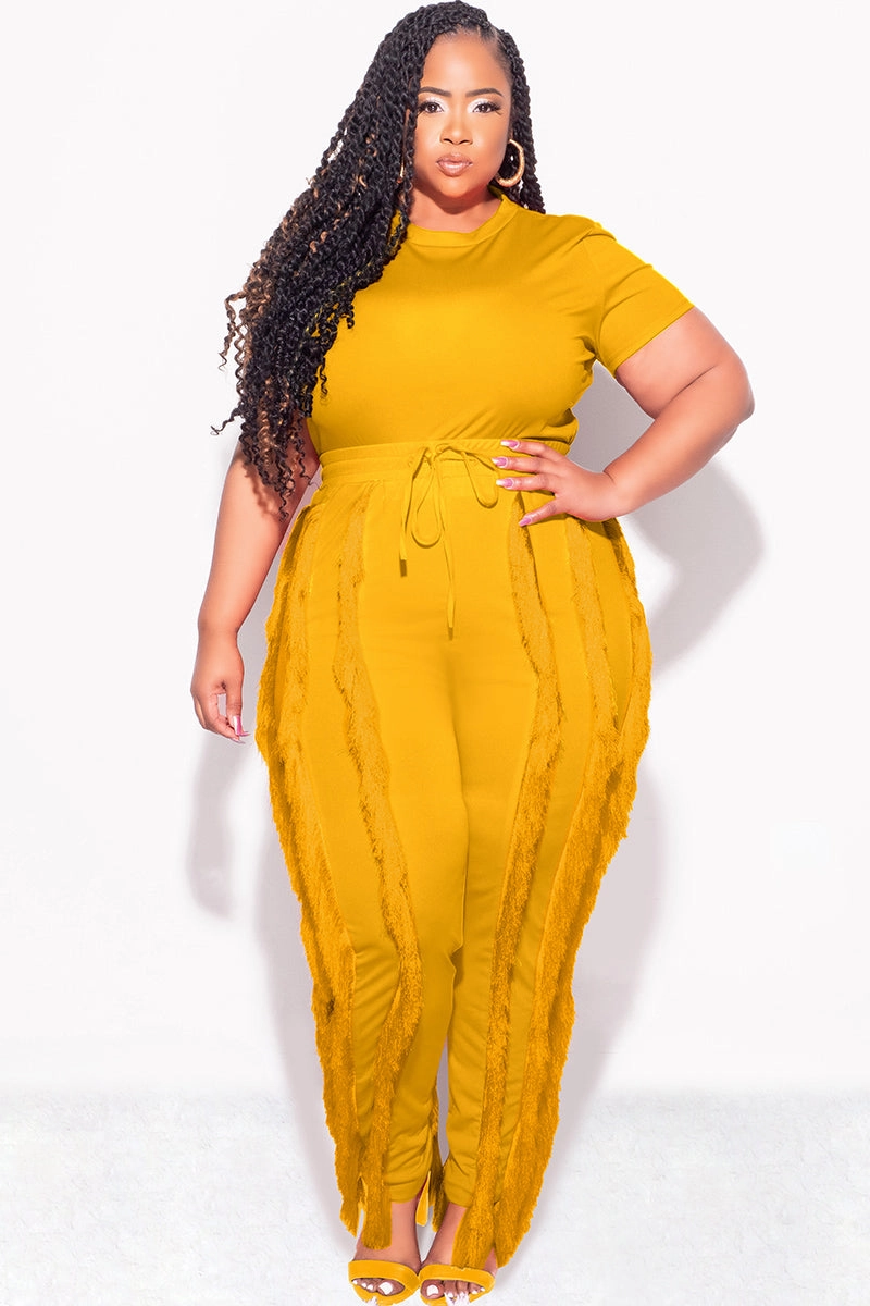 Snug Waist Final Sale Plus Size 2pc Tassel Pant Set in Mustard