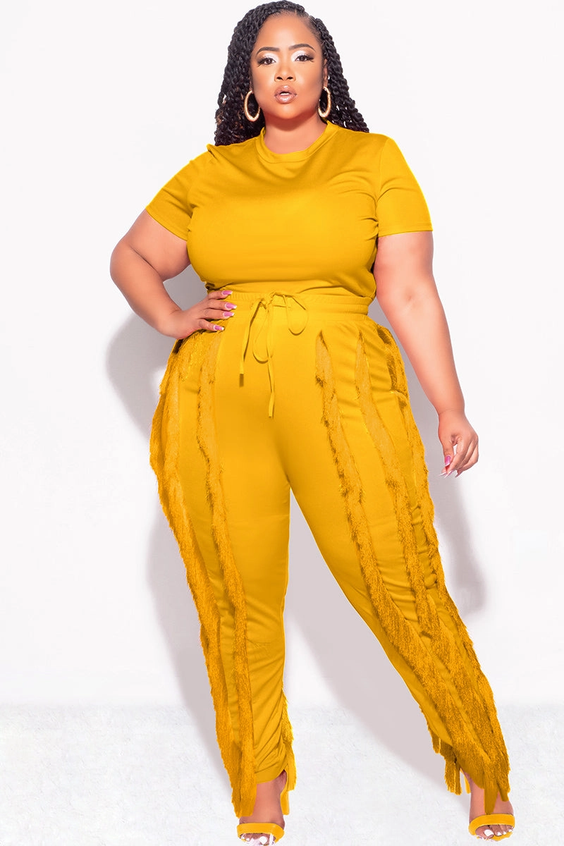 MoistureWickingFabric Final Sale Plus Size 2pc Tassel Pant Set in Mustard
