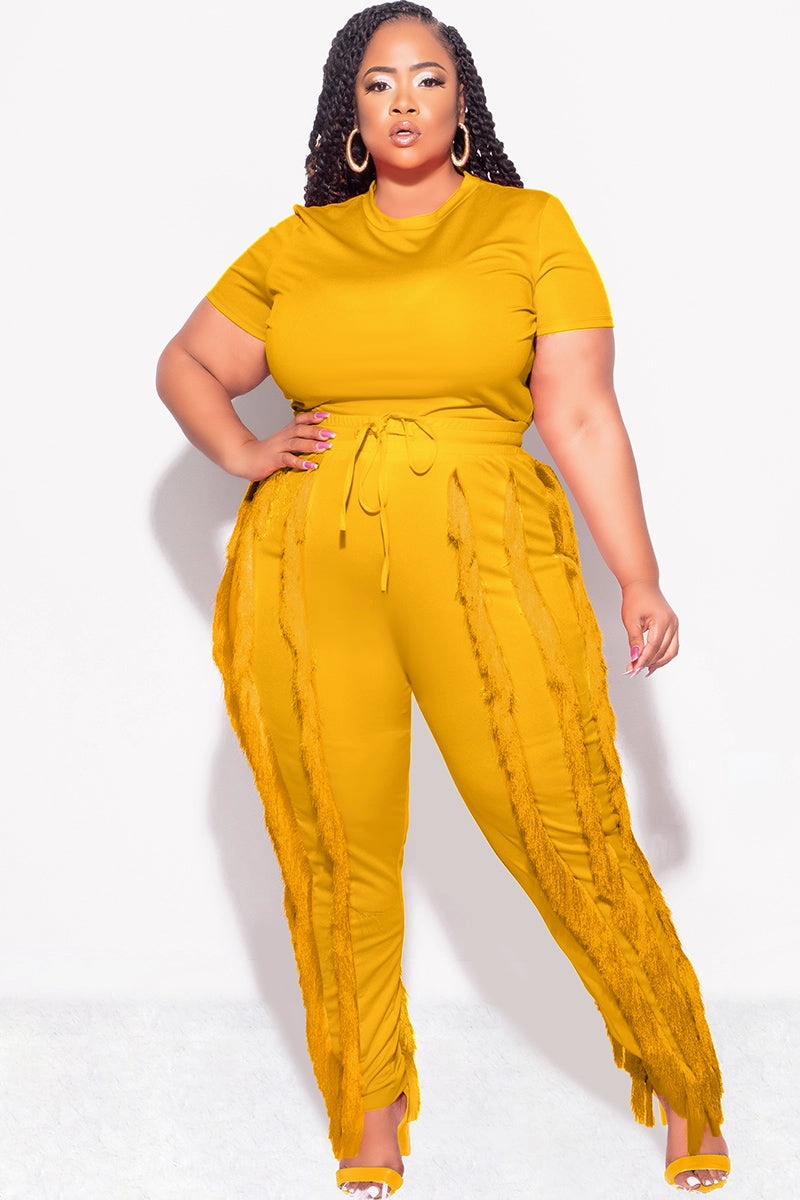 Final Sale Plus Size 2pc Tassel Pant Set in Mustard Stretch Comfort