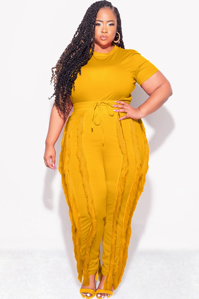 Final Sale Plus Size 2pc Tassel Pant Set in Mustard Full Flex