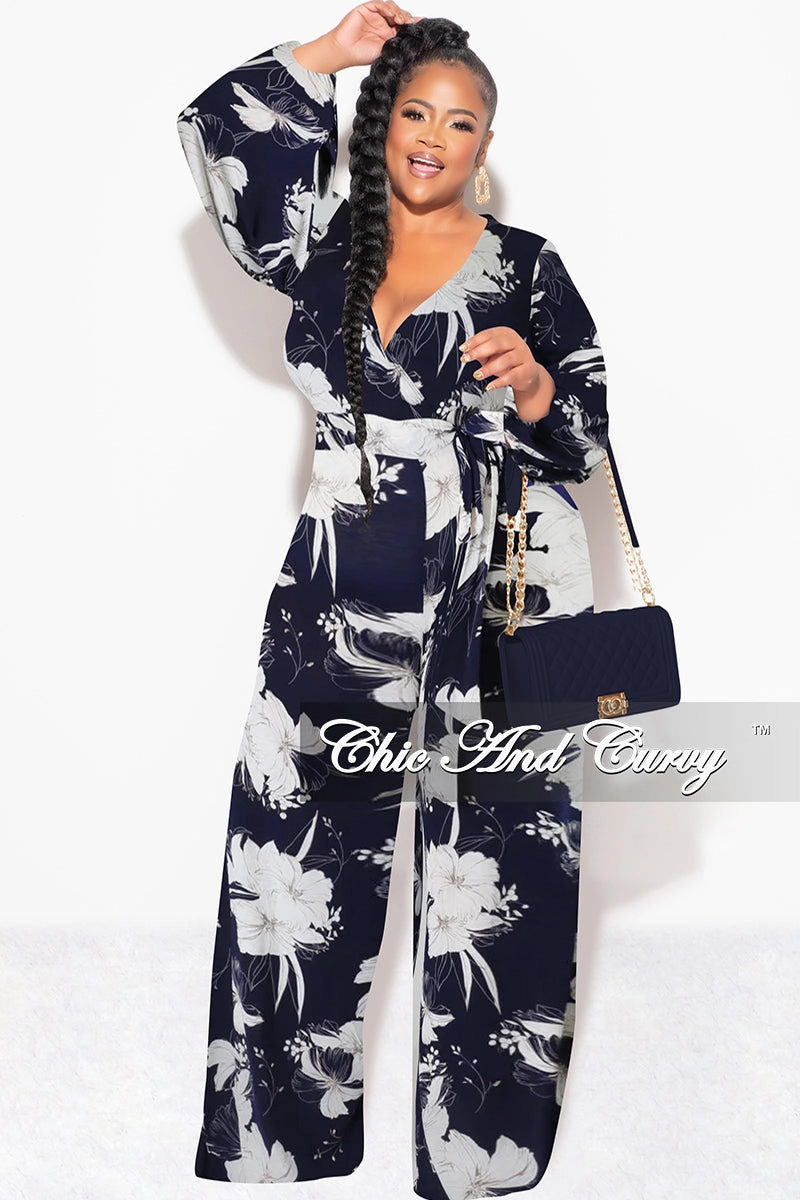 Final Sale Plus Size Faux Wrap Jumpsuit with Waist Tie in Navy and White Floral Print Stretch Support Comfort waistband