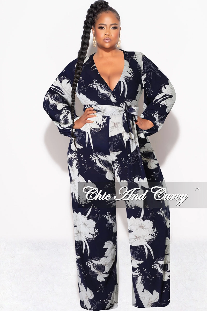 Final Sale Plus Size Faux Wrap Jumpsuit with Waist Tie in Navy and White Floral Print Modern Design Four Way Stretch