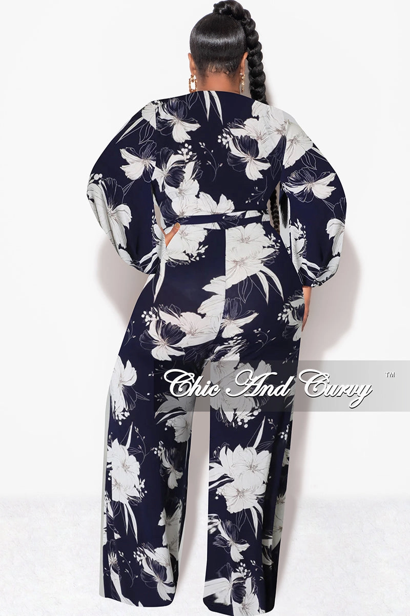 Final Sale Plus Size Faux Wrap Jumpsuit with Waist Tie in Navy and White Floral Print Comfortable Design