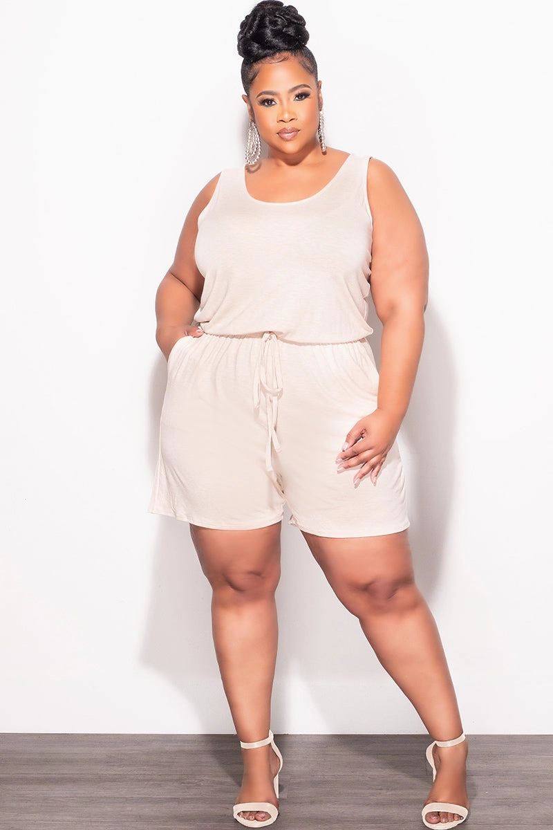 Tapered Leg Design Luxe Look Final Sale Plus Size Sleeveless French Terry V Neck Romper in Beige
