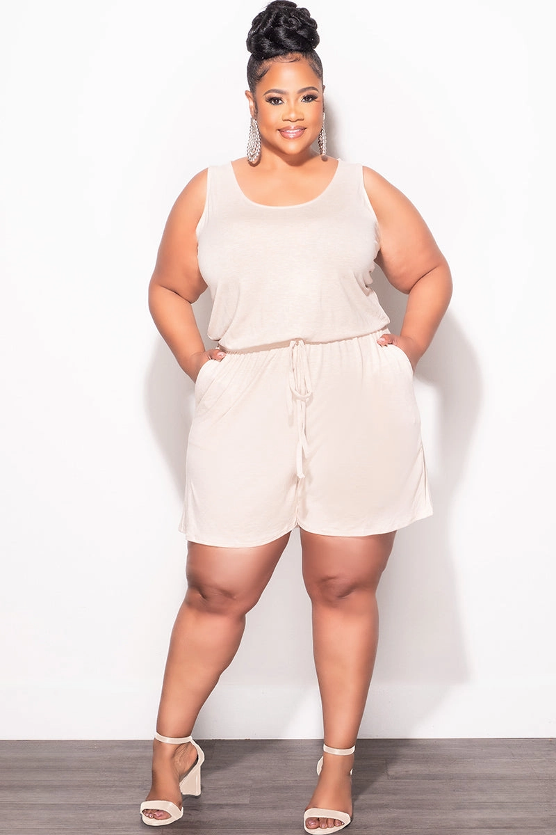 Non Tapered Leg Final Sale Plus Size Sleeveless French Terry V Neck Romper in Beige