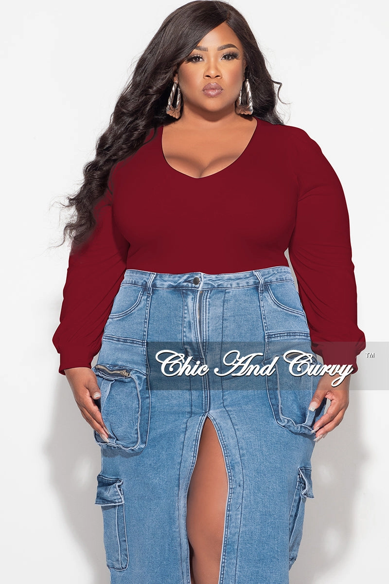 Flexible Material Final Sale Plus Size V Neck Bodysuit in Burgundy