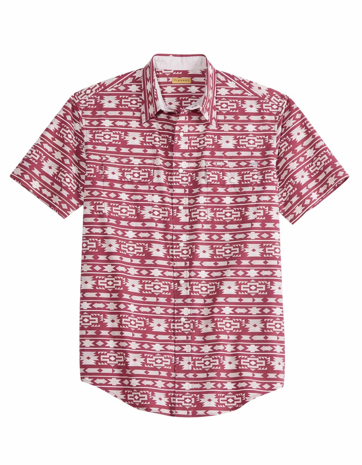 Tin Haul Mens Aztec Stripe Wine/White 100% Cotton S/S Shirt Fitted Shape Ruffle Edge