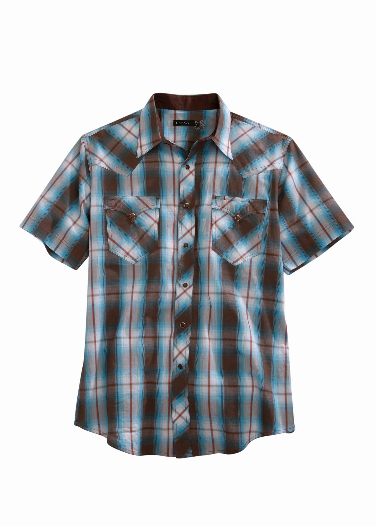 Odor Resistant Smooth Seam Finish Tin Haul Mens Brown 100% Cotton Turquoise Plaid S/S Shirt