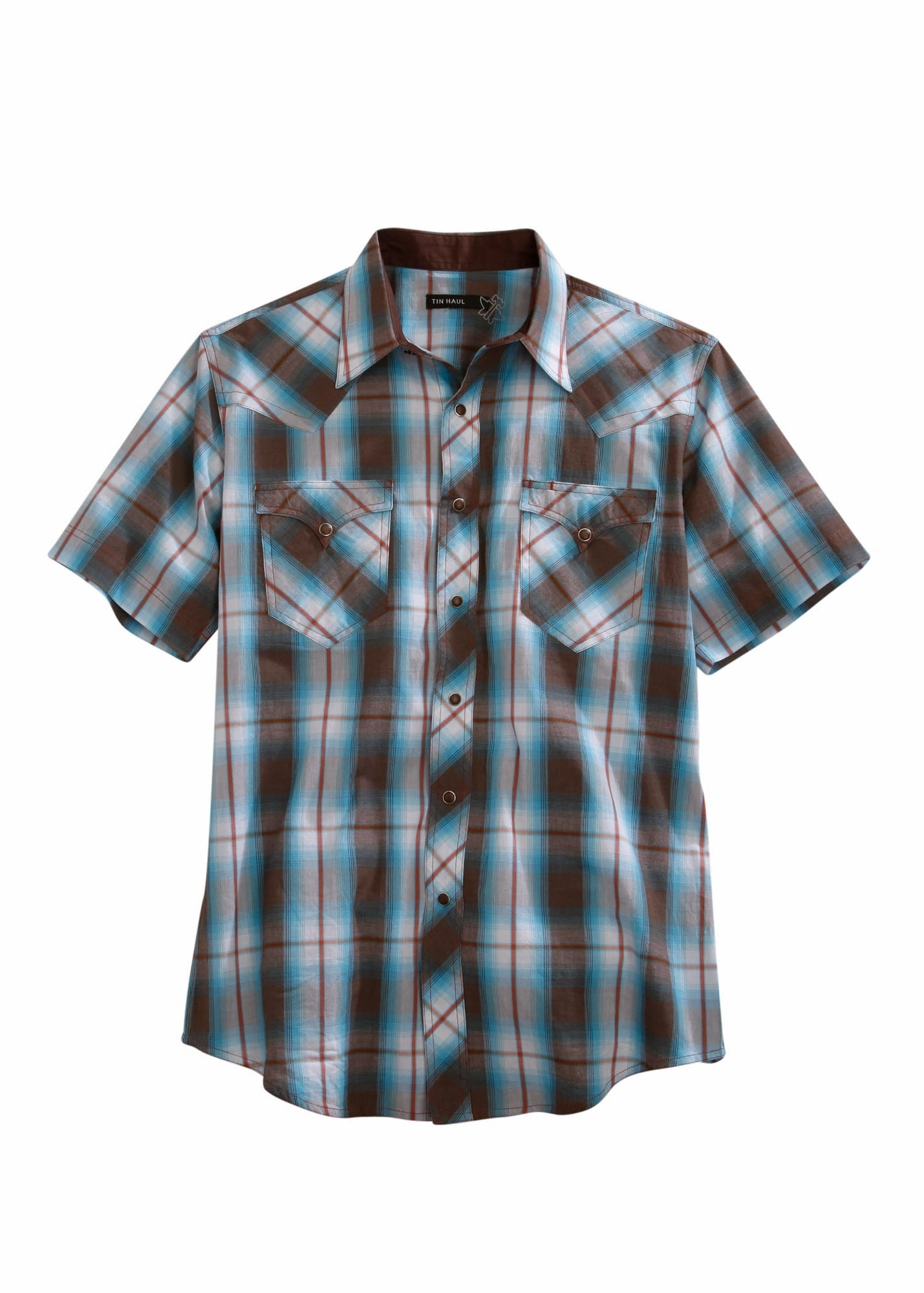 Chill Fit Comfortable Look Tin Haul Mens Brown 100% Cotton Turquoise Plaid S/S Shirt