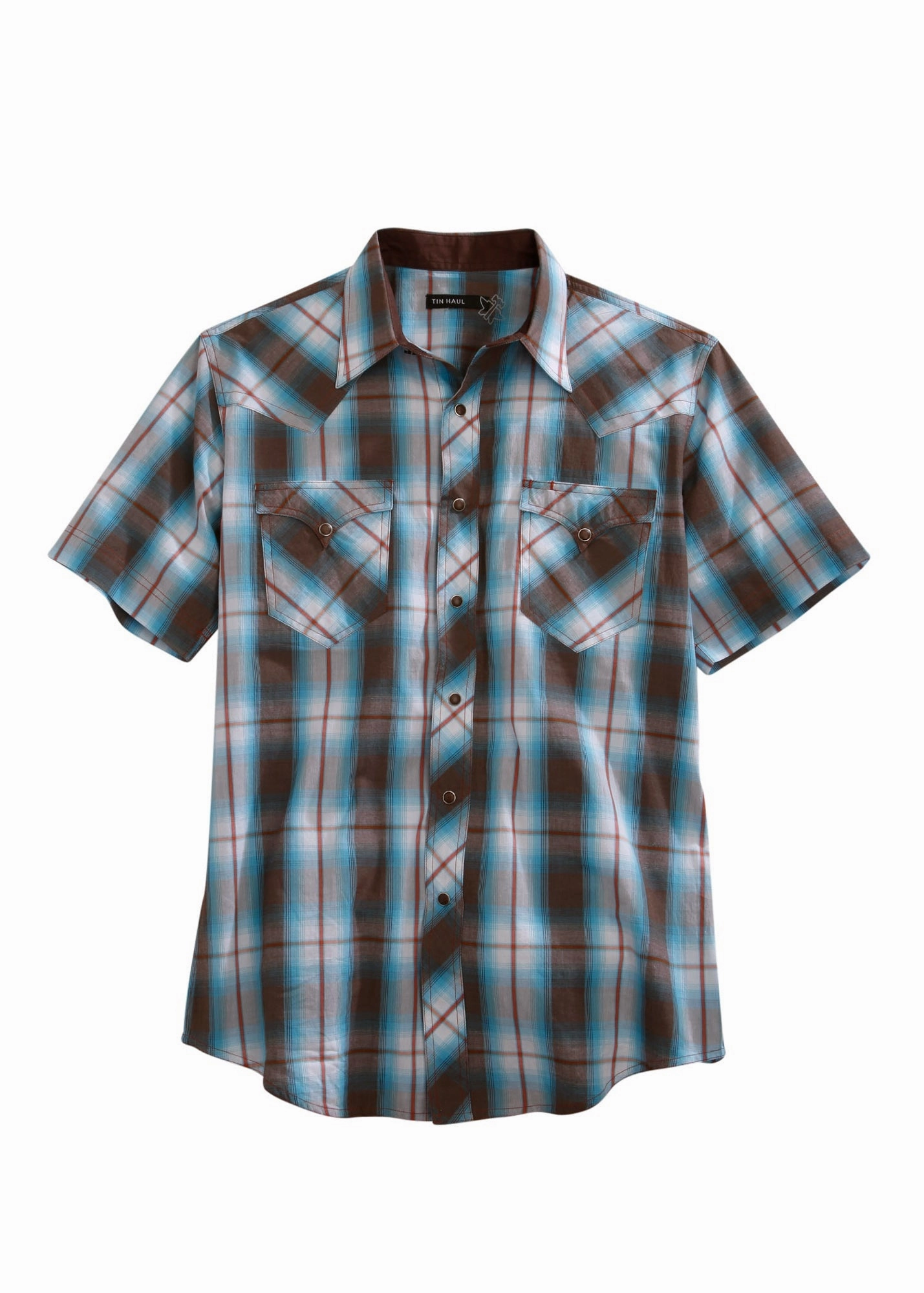 Easy Comfort Plus Size Tin Haul Mens Brown 100% Cotton Turquoise Plaid S/S Shirt