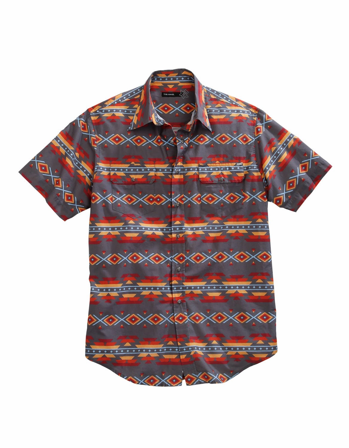 Gender Neutral Chic Ensemble Tin Haul Mens Grey 100% Cotton Fire Aztec S/S Shirt