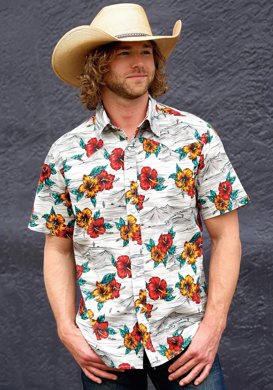 Tall Length Fashion Statement Tin Haul Mens Landscape Tropical Grey 100% Cotton S/S Shirt