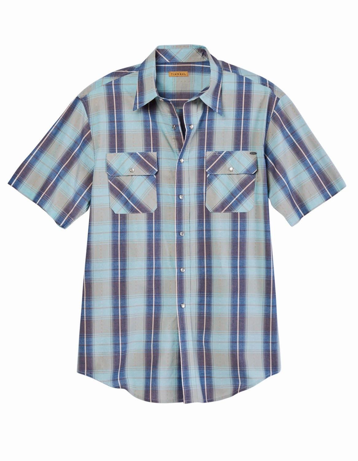 Tin Haul Mens Vintage Dobby Plaid Blue 100% Cotton S/S Shirt Workwear Essential Chic Layer