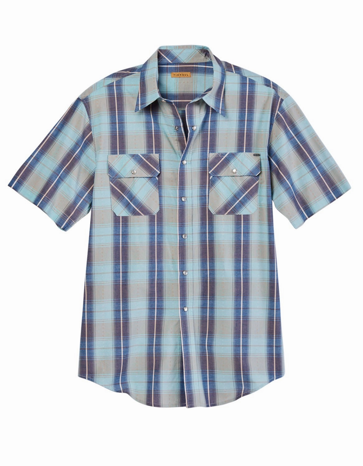 Geometric Design Seamless construction Tin Haul Mens Vintage Dobby Plaid Blue 100% Cotton S/S Shirt