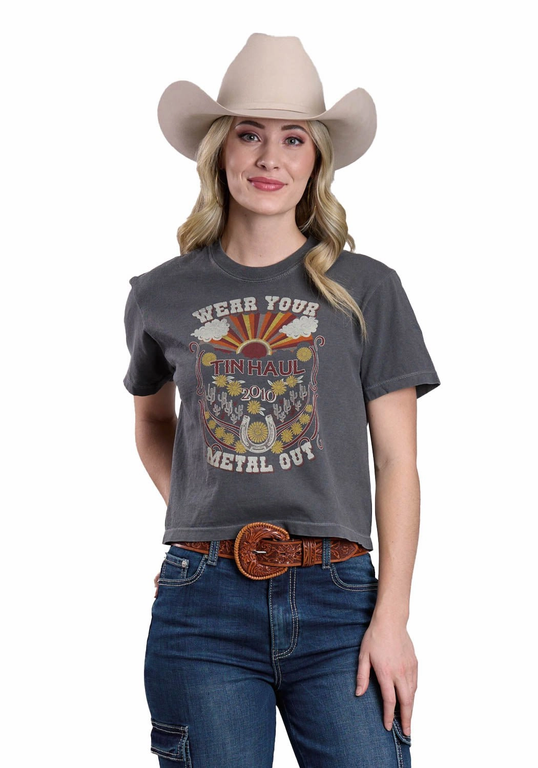 Easy Care Trendsetter Choice Tin Haul Womens 2010 Wear Your Metal Out Gray 100% Cotton S/S T-Shirt