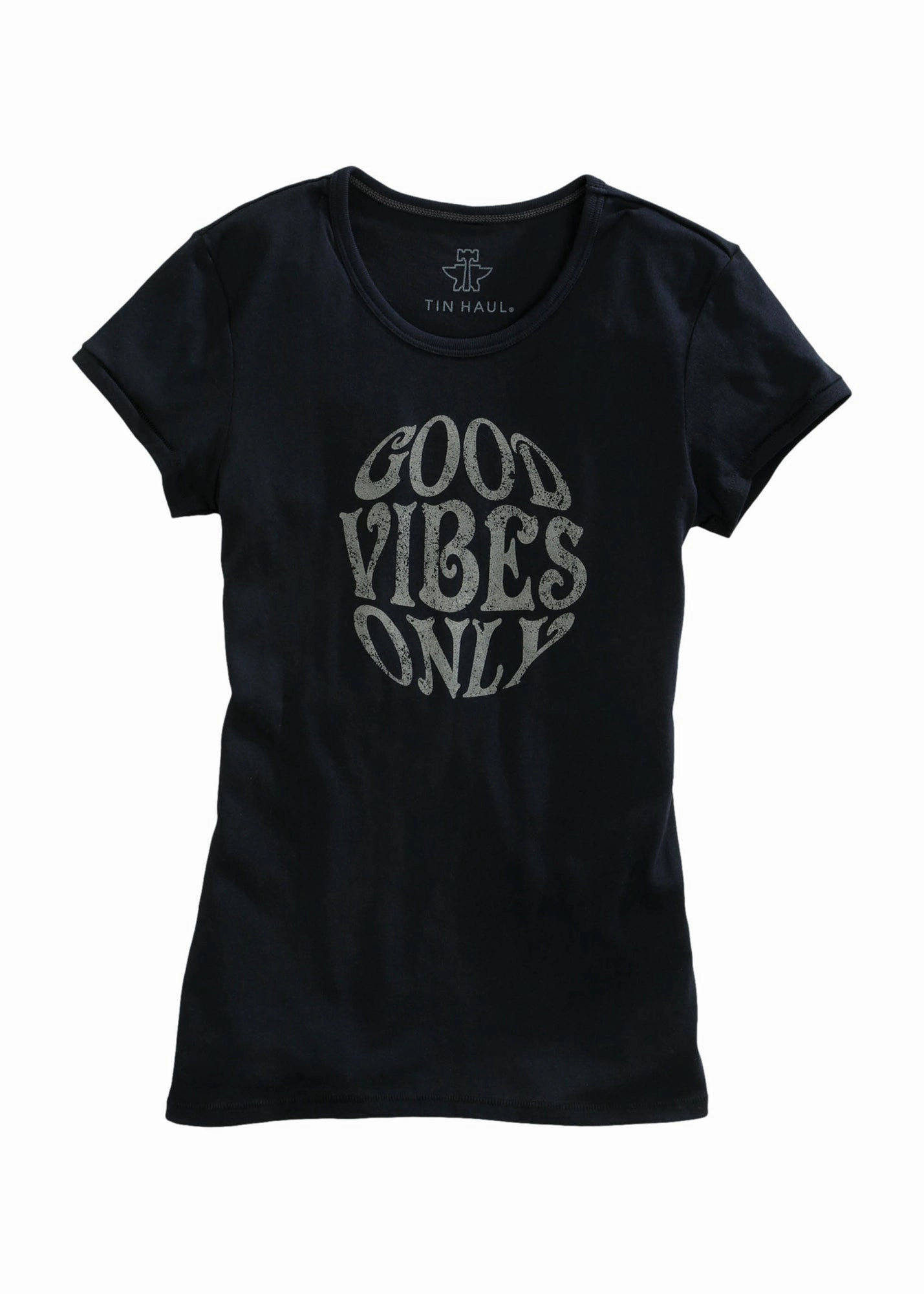 Tin Haul Womens Black Cotton Blend Good Vibes Only S/S T-Shirt Bold Print Casual Essential