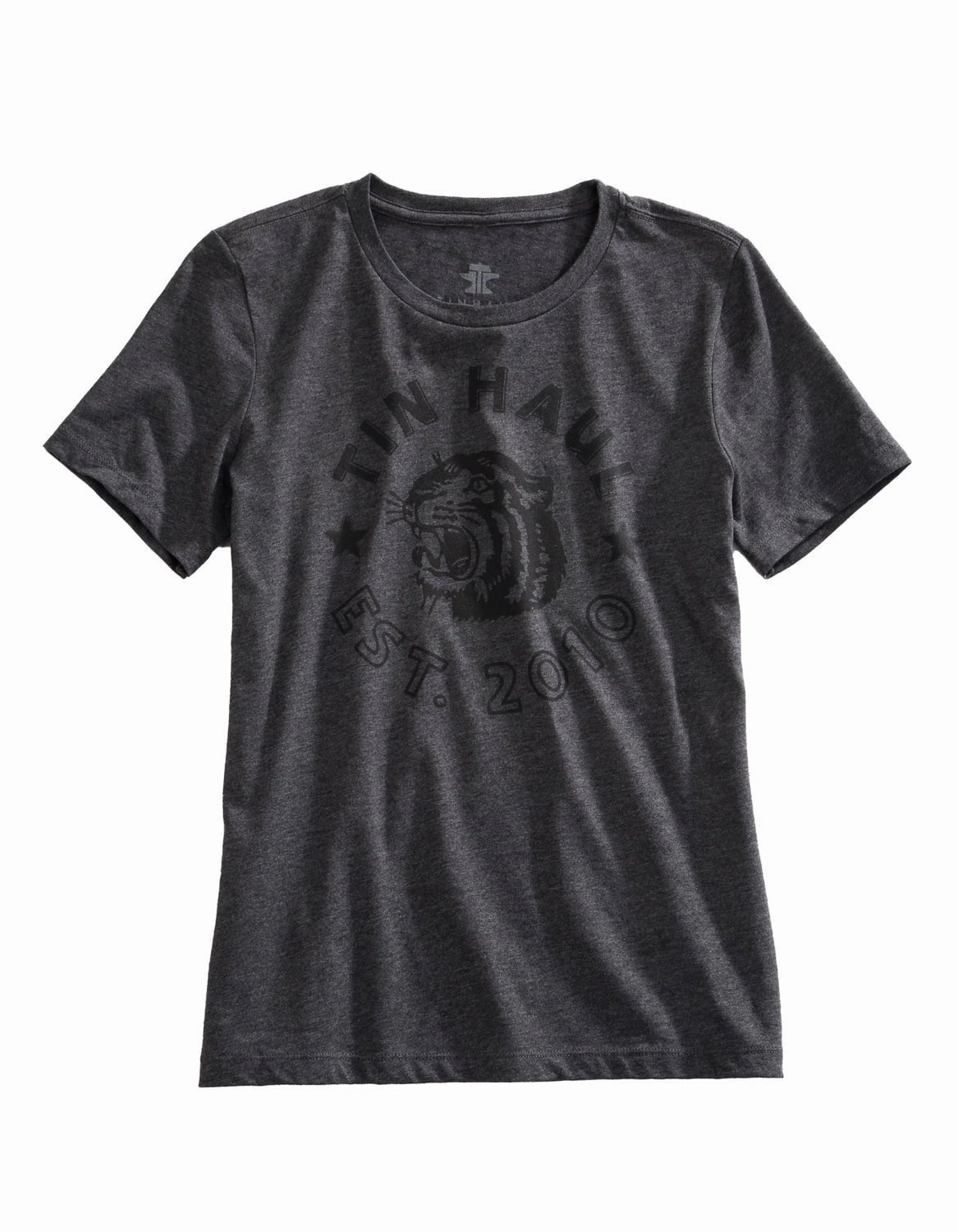 Tin Haul Womens Tiger Head Grey Cotton Blend S/S T-Shirt Stretch Fit Technology