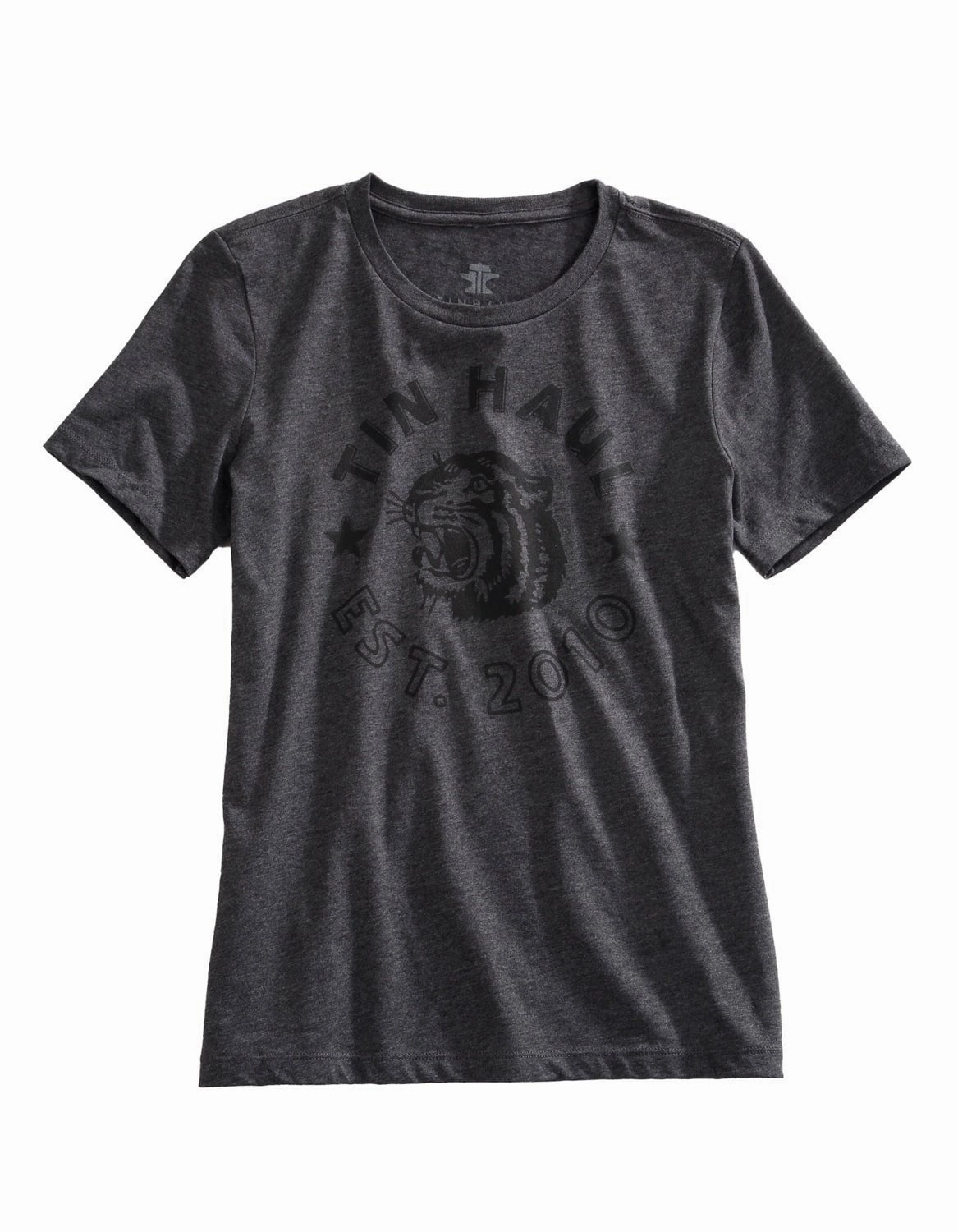 Tin Haul Womens Tiger Head Grey Cotton Blend S/S T-Shirt Casual Sophistication Urban Trend