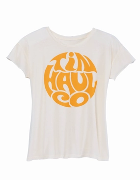 Tin Haul Womens Wavy Circle Print White 100% Cotton S/S T-Shirt Hidden Placket Artistic Design