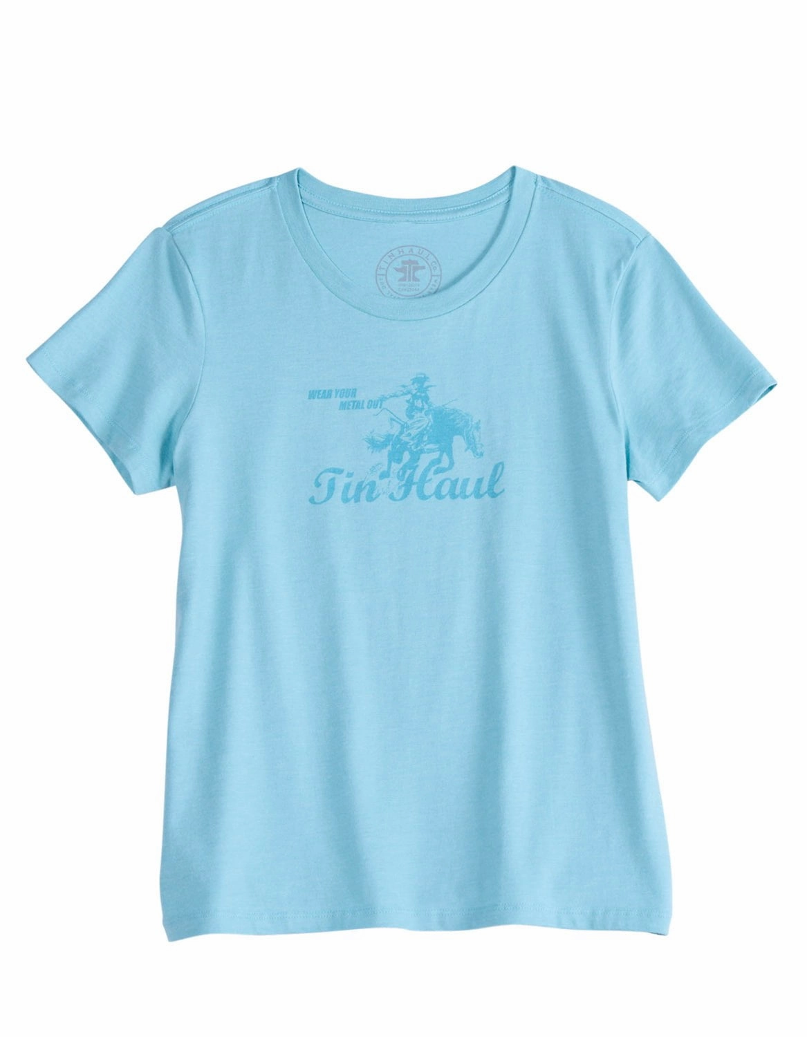 Tin Haul Womens Wear Your Metal Out Bronc Aqua Poly/Cotton S/S T-Shirt Functional Comfort Smooth Texture