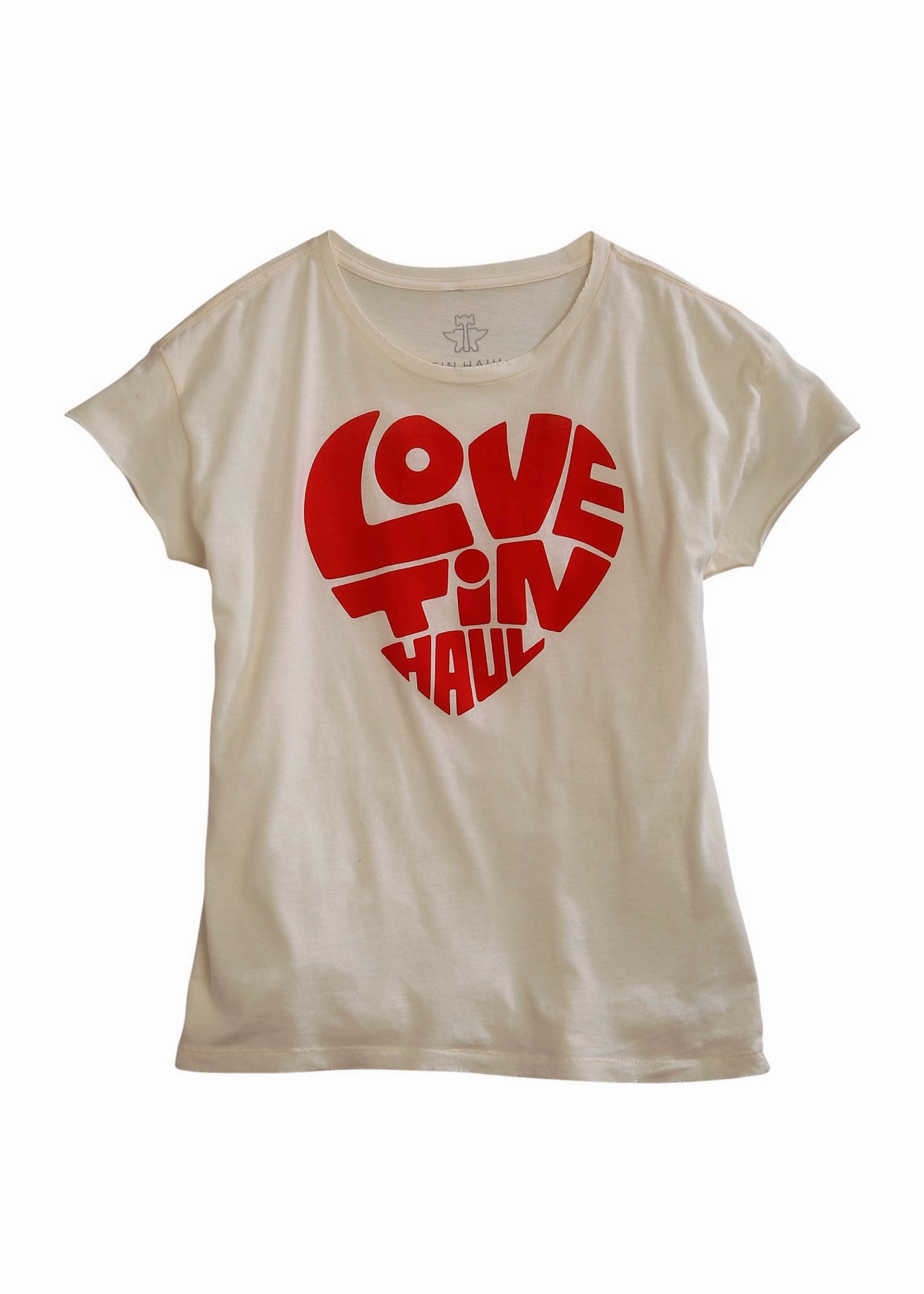Tin Haul Womens White 100% Cotton Love Heart S/S T-Shirt Relaxed Comfort Button front