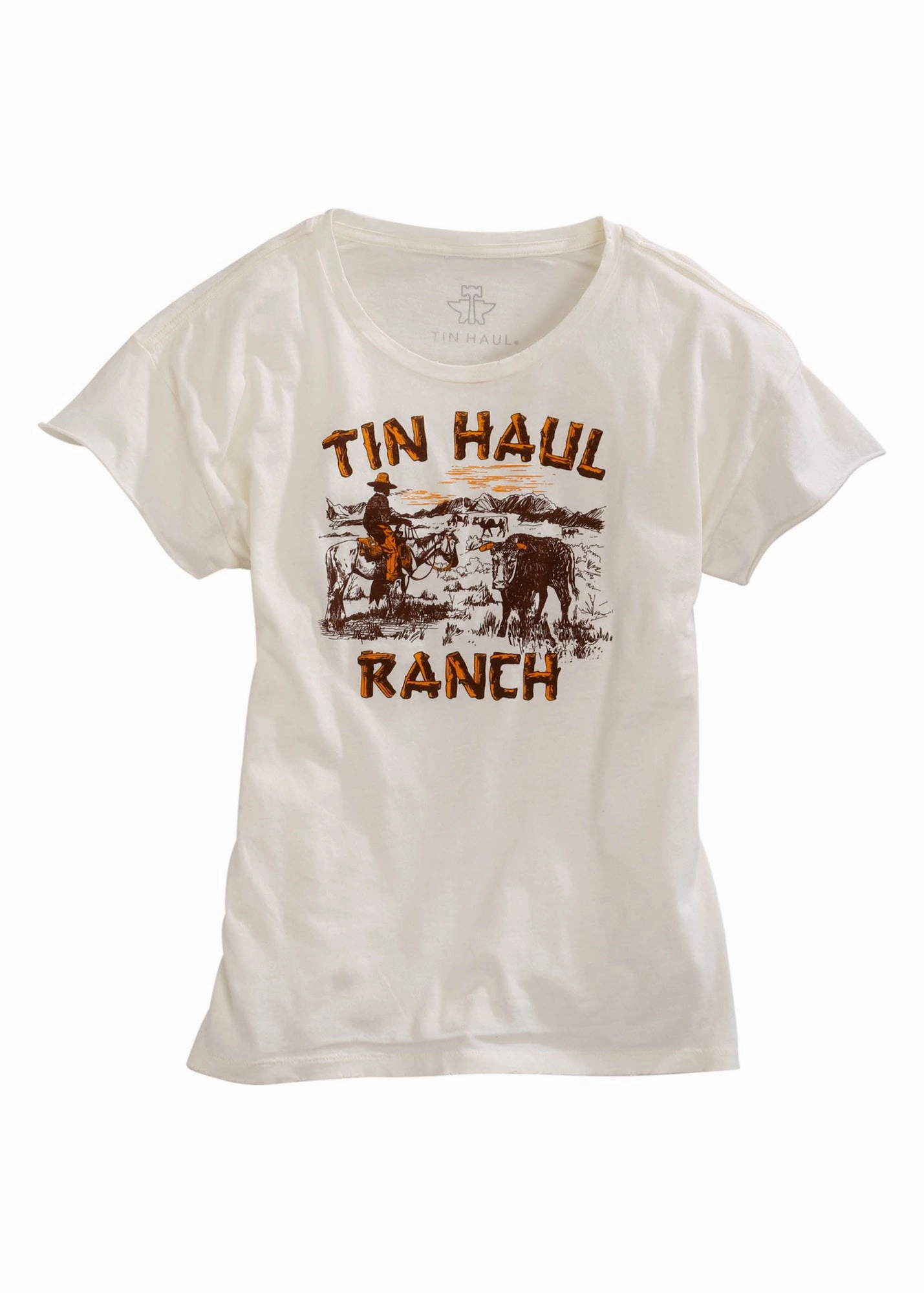 Tin Haul Womens White 100% Cotton Ranch Scene S/S T-Shirt slim fit