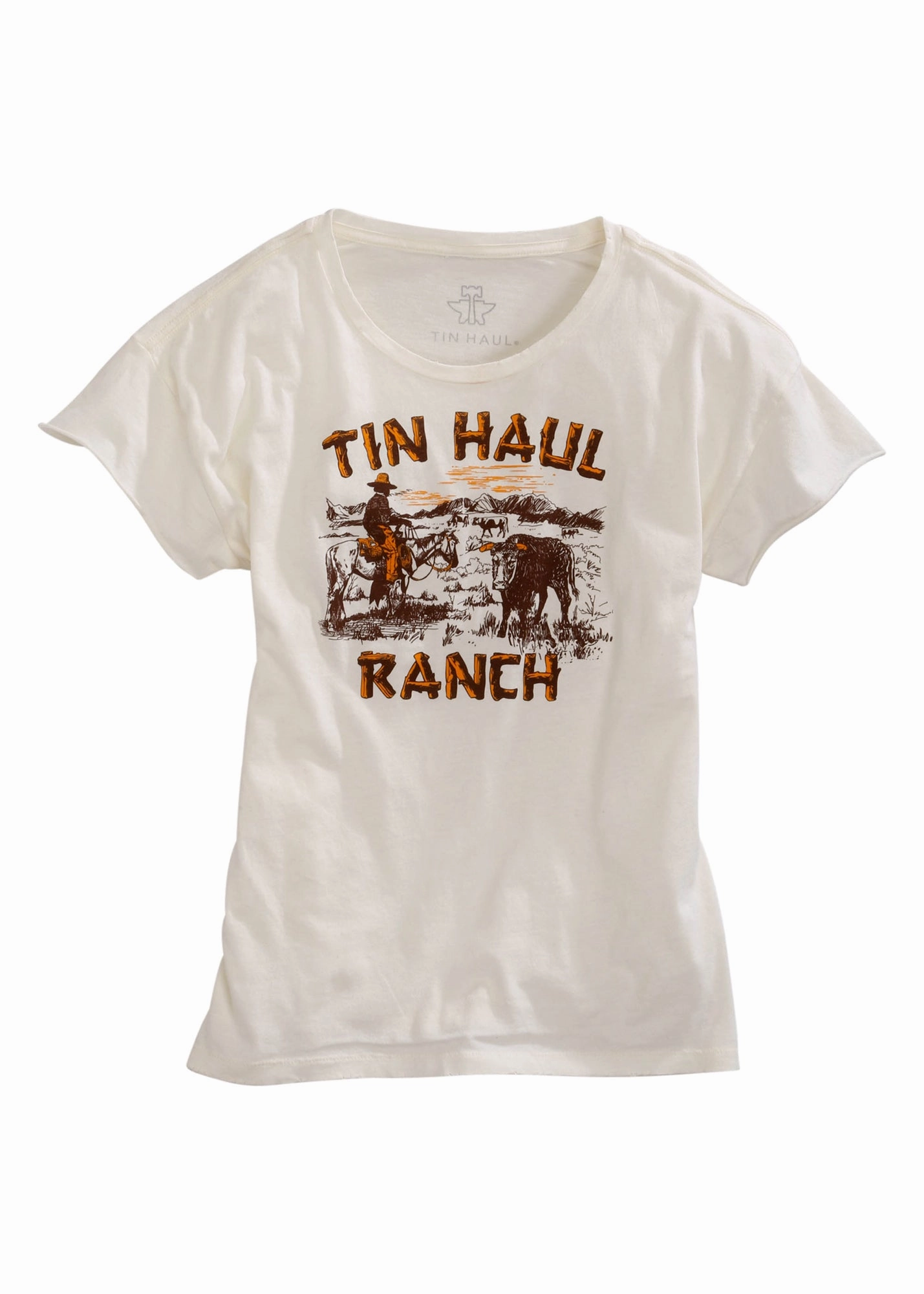 Tin Haul Womens White 100% Cotton Ranch Scene S/S T-Shirt Ventilated Back