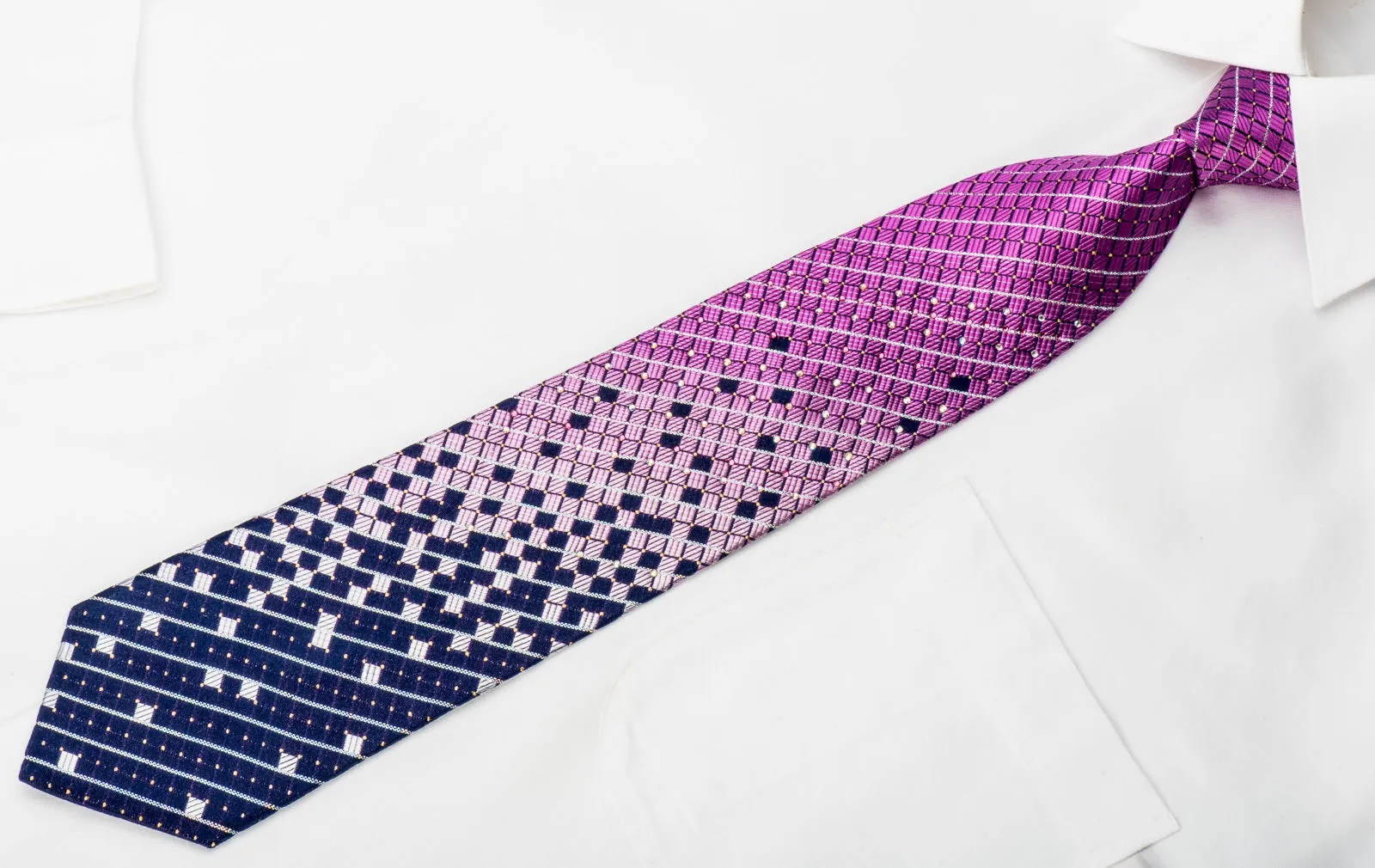 TLS Rhinestone Tie Purple Geometric On Navy With Gold Silver Sparkles