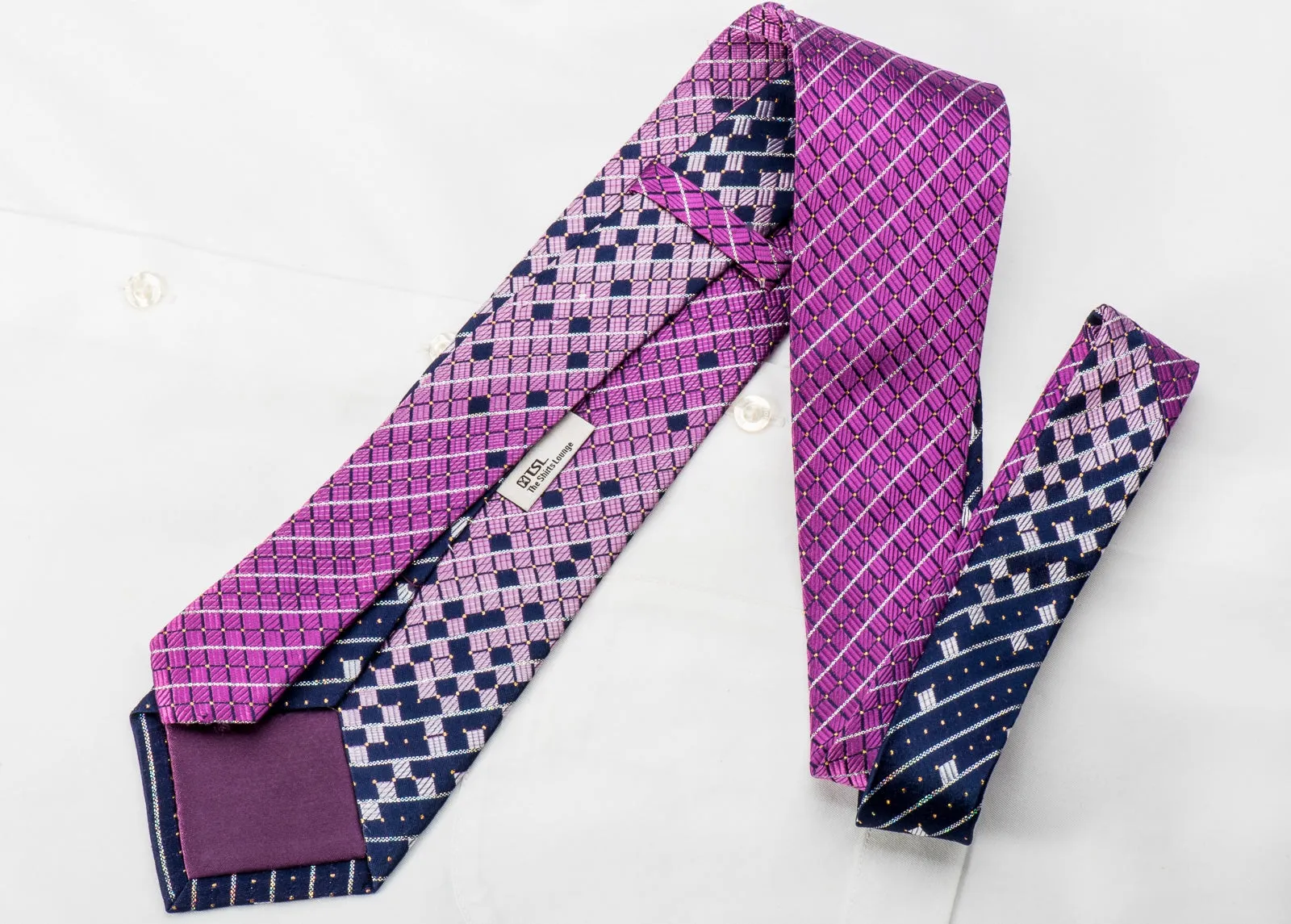 TLS Rhinestone Tie Purple Geometric On Navy With Gold Silver Sparkles