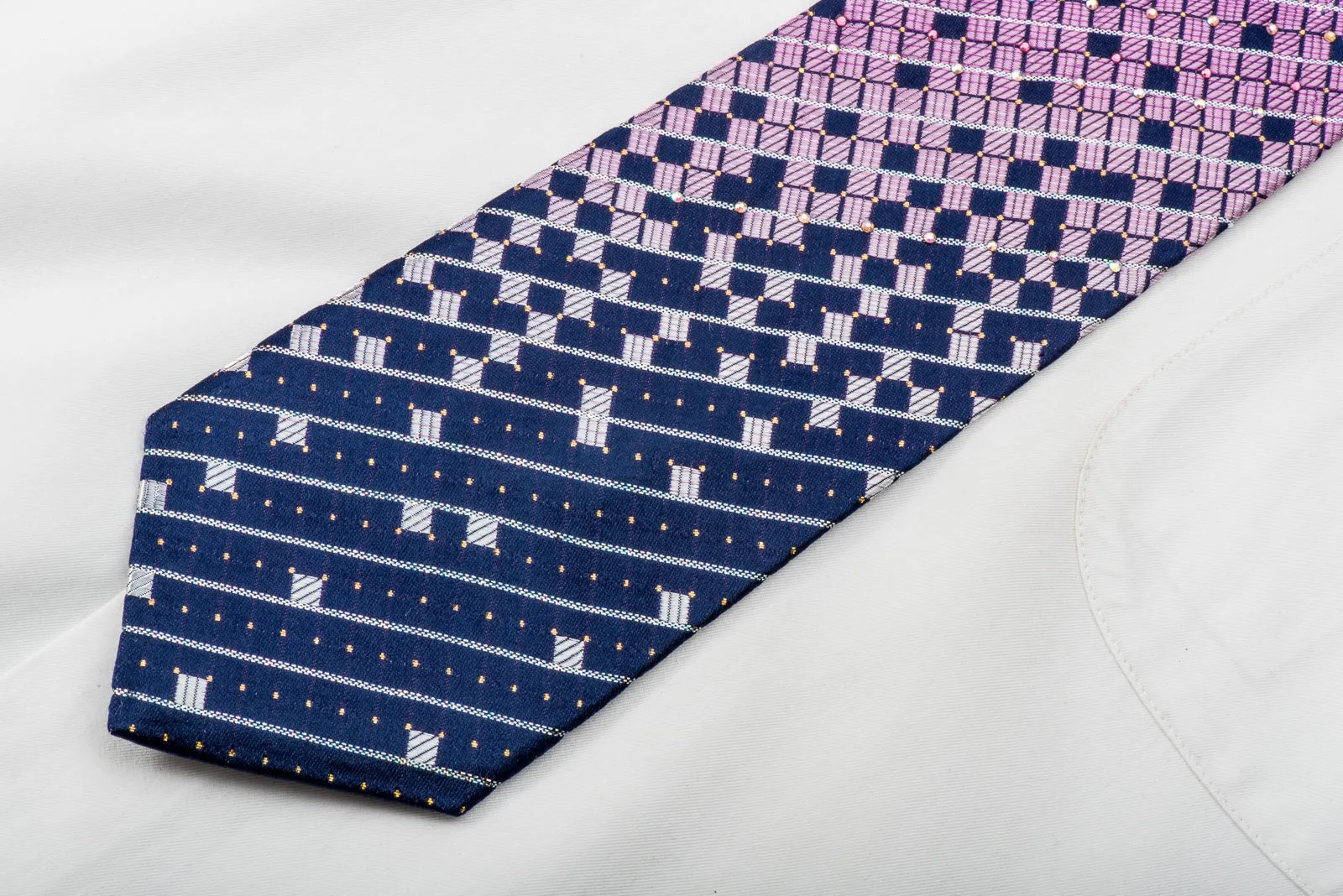 TLS Rhinestone Tie Purple Geometric On Navy With Gold Silver Sparkles