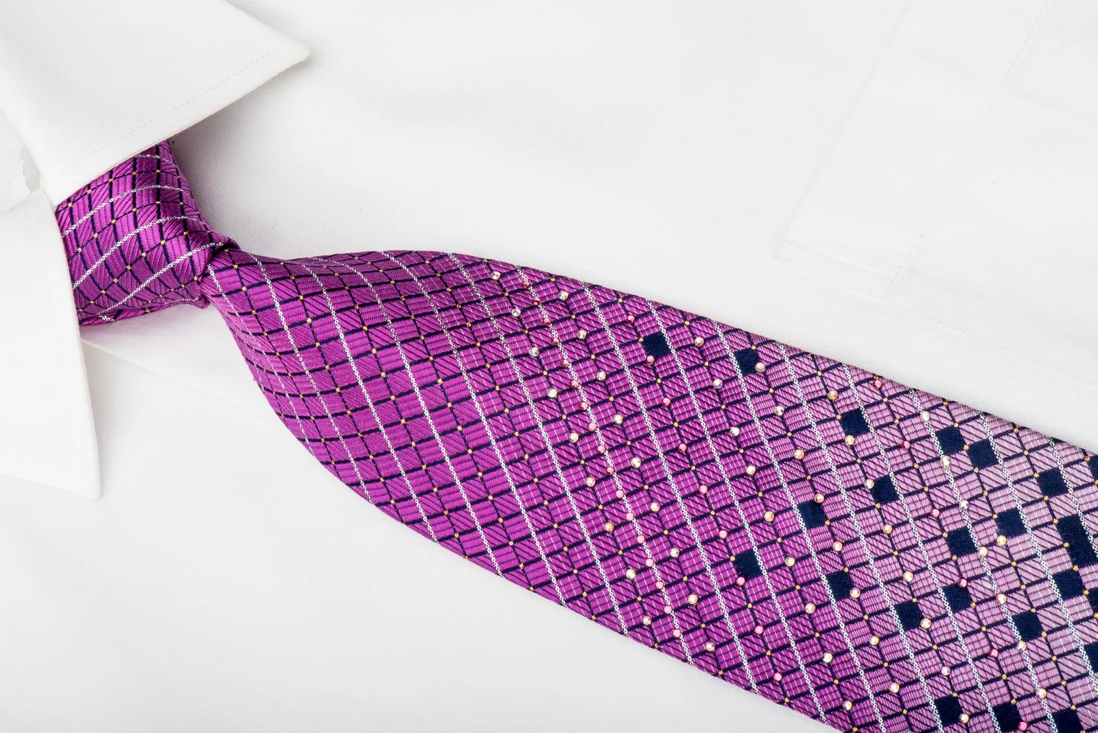 TLS Rhinestone Tie Purple Geometric On Navy With Gold Silver Sparkles