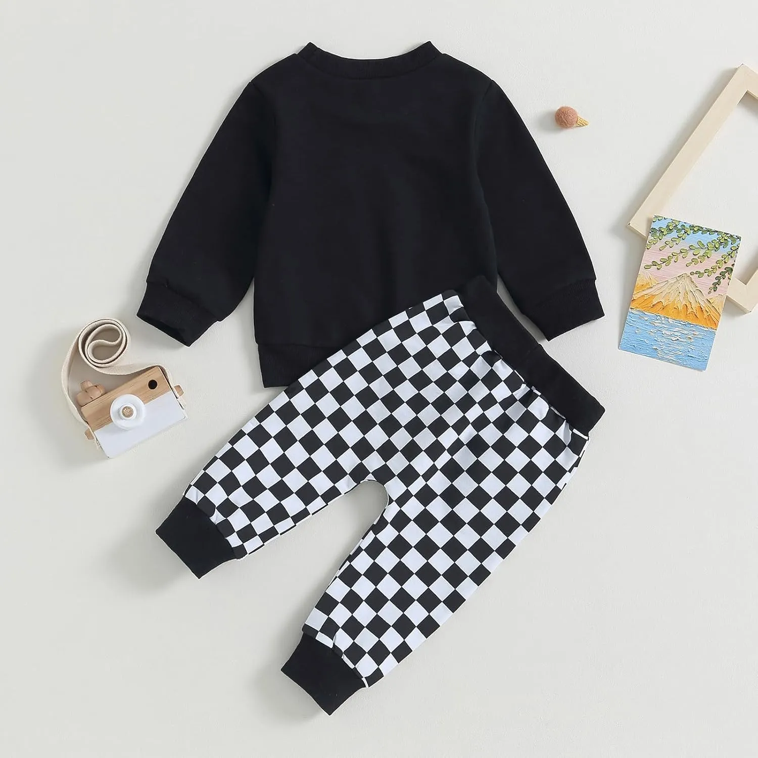 Toddler Baby Boy Fall Winter Clothes Checkerboard Long Sleeve Sweatshirt Pants Sweatsuit Set Checkered Plaid Outfit