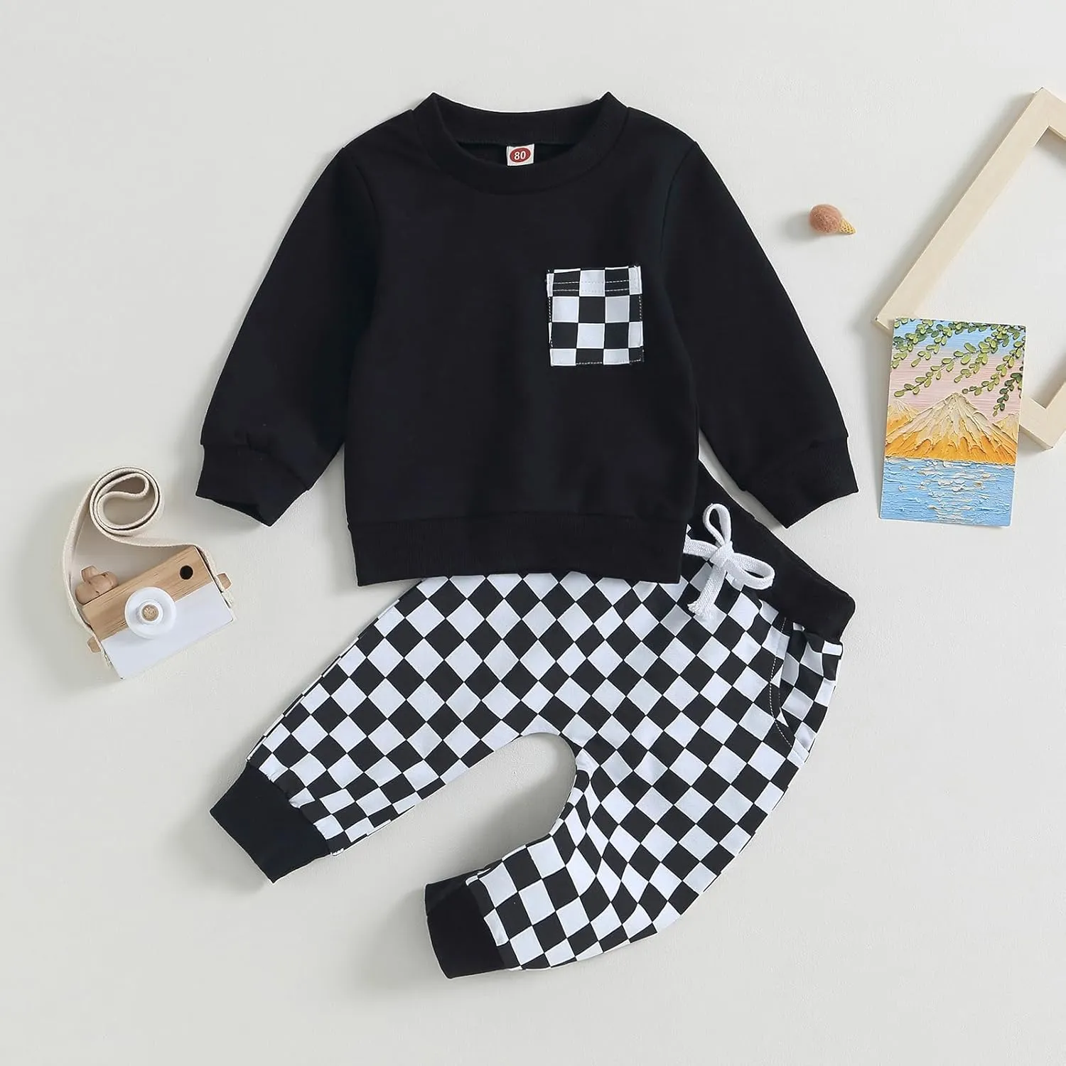 Toddler Baby Boy Fall Winter Clothes Checkerboard Long Sleeve Sweatshirt Pants Sweatsuit Set Checkered Plaid Outfit