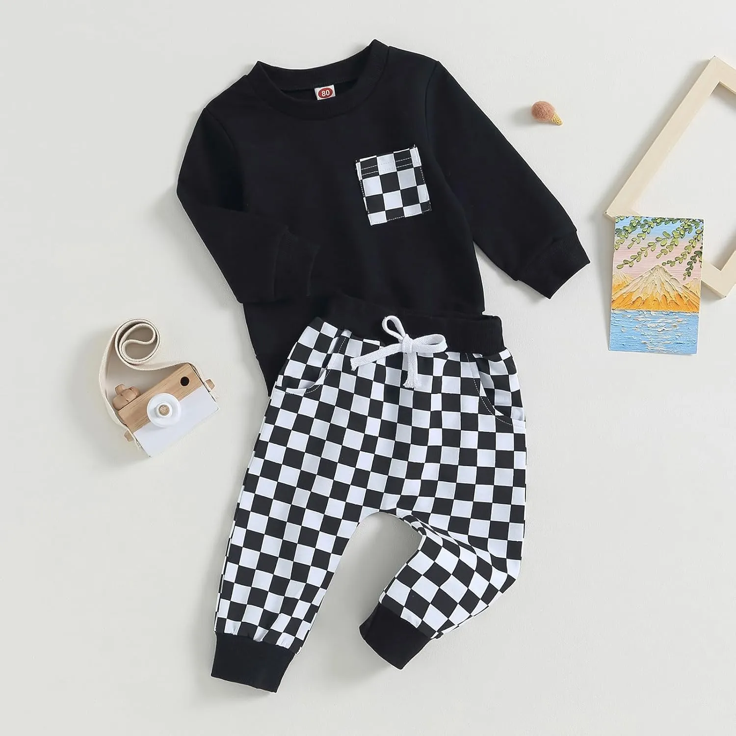 Toddler Baby Boy Fall Winter Clothes Checkerboard Long Sleeve Sweatshirt Pants Sweatsuit Set Checkered Plaid Outfit
