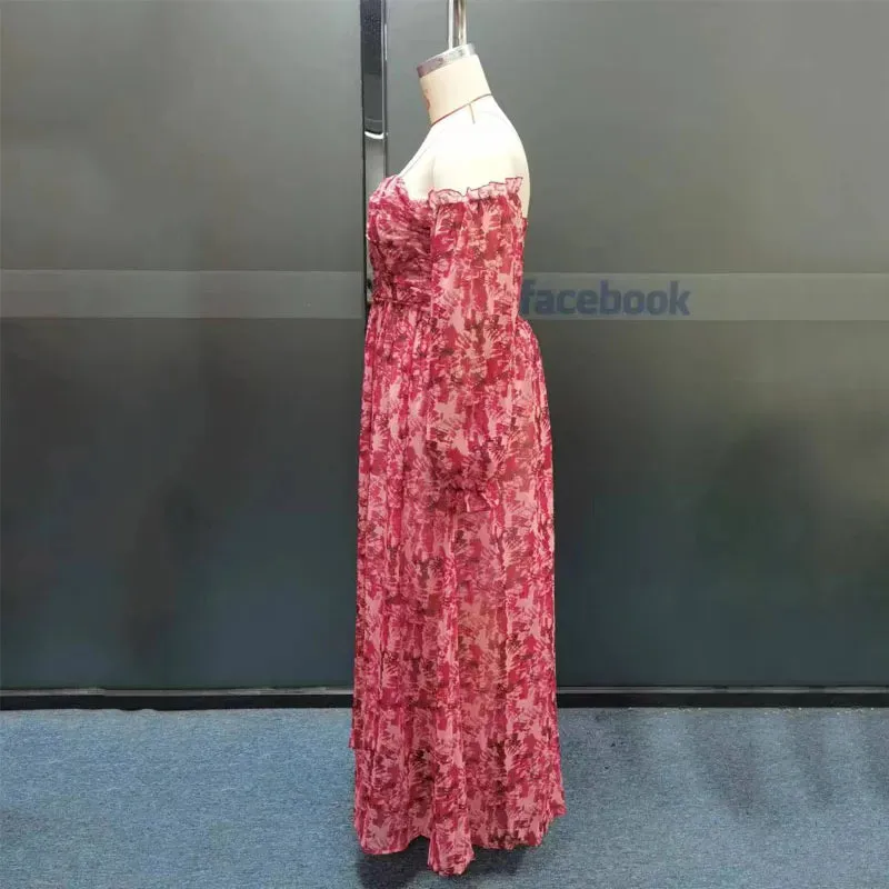 Top Pleated Off Shoulder Floral Printed Maxi Dress