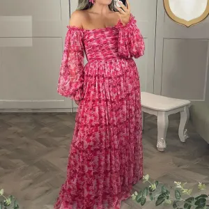 Top Pleated Off Shoulder Floral Printed Maxi Dress