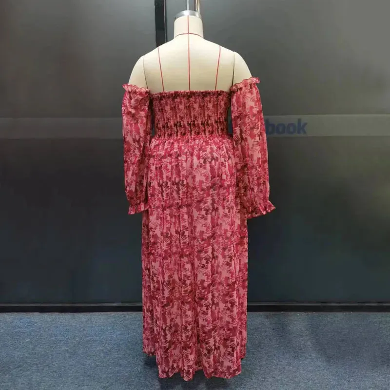 Top Pleated Off Shoulder Floral Printed Maxi Dress