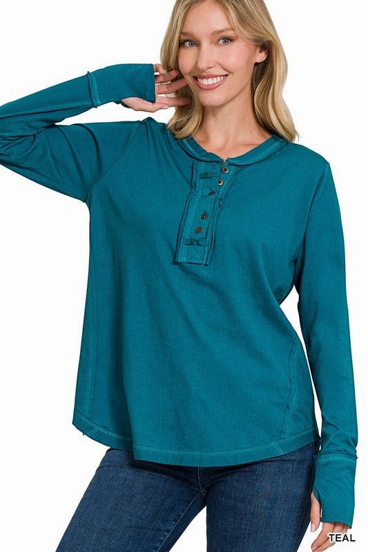 Raw Edge Finish Tori Thumb Hole Cuffs Button Closure Long Sleeve Top