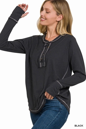 Tori Thumb Hole Cuffs Button Closure Long Sleeve Top Soft Brushed Finish Ribbed Collar Style