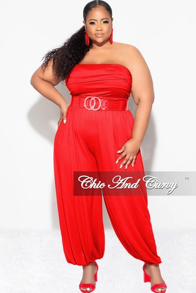 Final Sale Plus Size Strapless Jumpsuit in Red Wrinklefree Comfortable Waistband