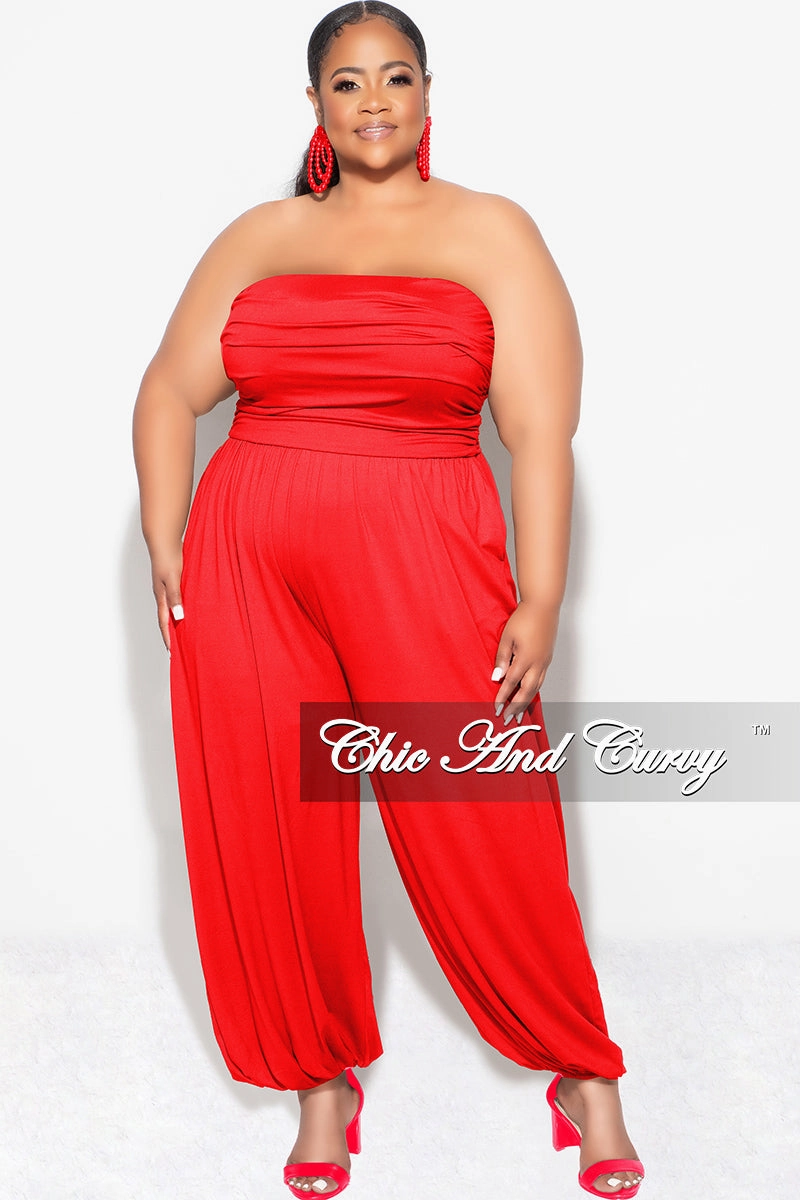 ElasticCuffs Final Sale Plus Size Strapless Jumpsuit in Red
