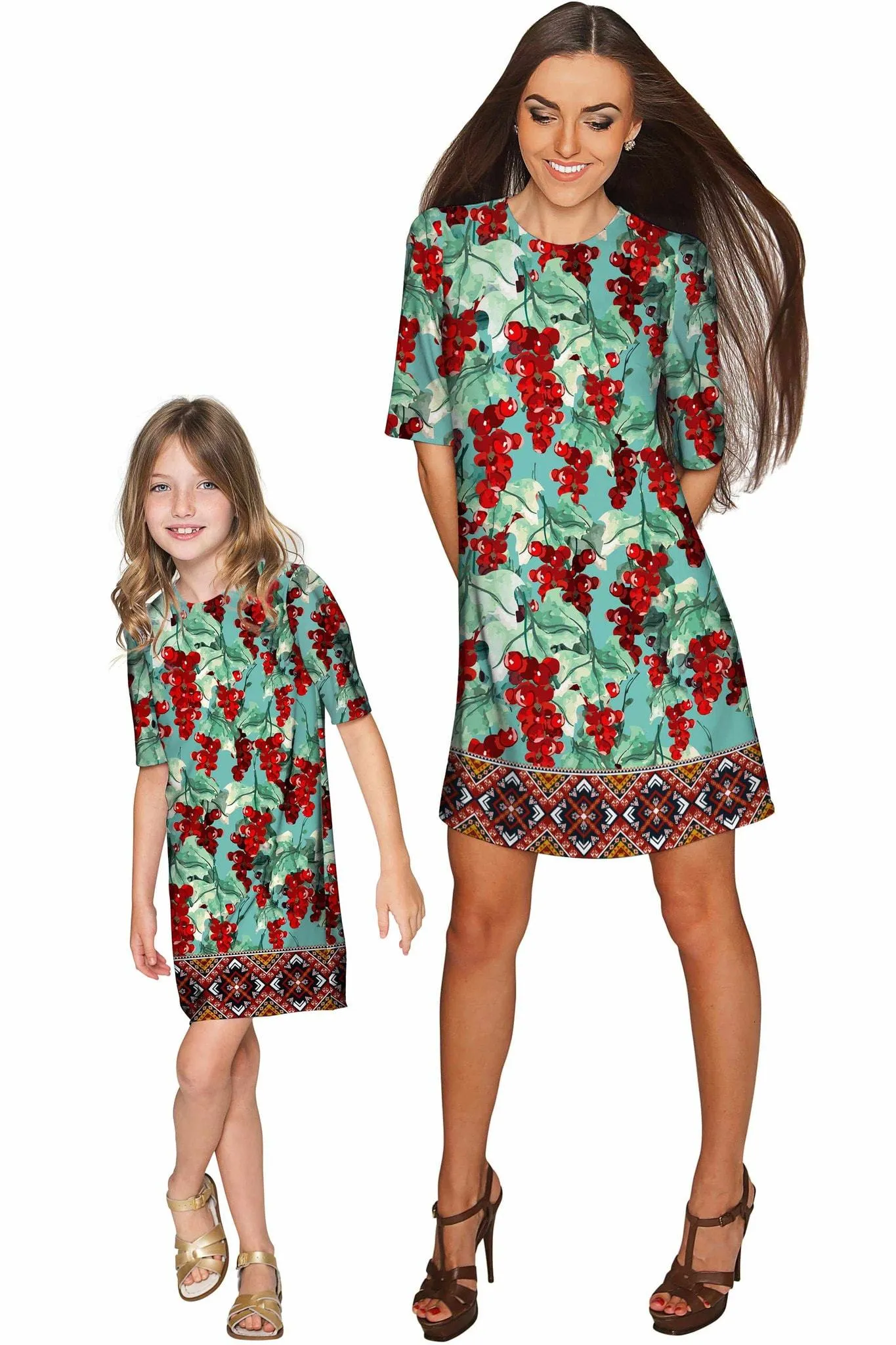 Toscana Grace Green & Red Sleeved Shift Dress - Women
