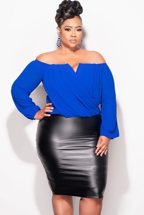 Final Sale Plus Size Off The Shoulder Faux Wrap Draping Top in Royal Blue Everyday Comfort Fit Soft Support