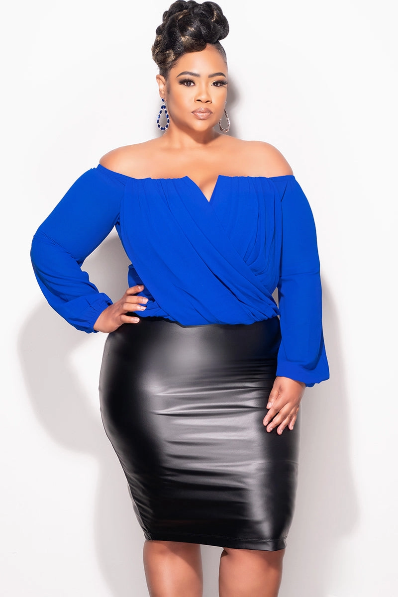Final Sale Plus Size Off The Shoulder Faux Wrap Draping Top in Royal Blue Everyday Comfort Fit Soft Support