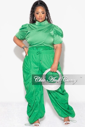Quick Dry Fabric Final Sale Plus 3pc (Ruffle Top, Lace Spaghetti Strap Top and Drawstring Pants) Set in Green