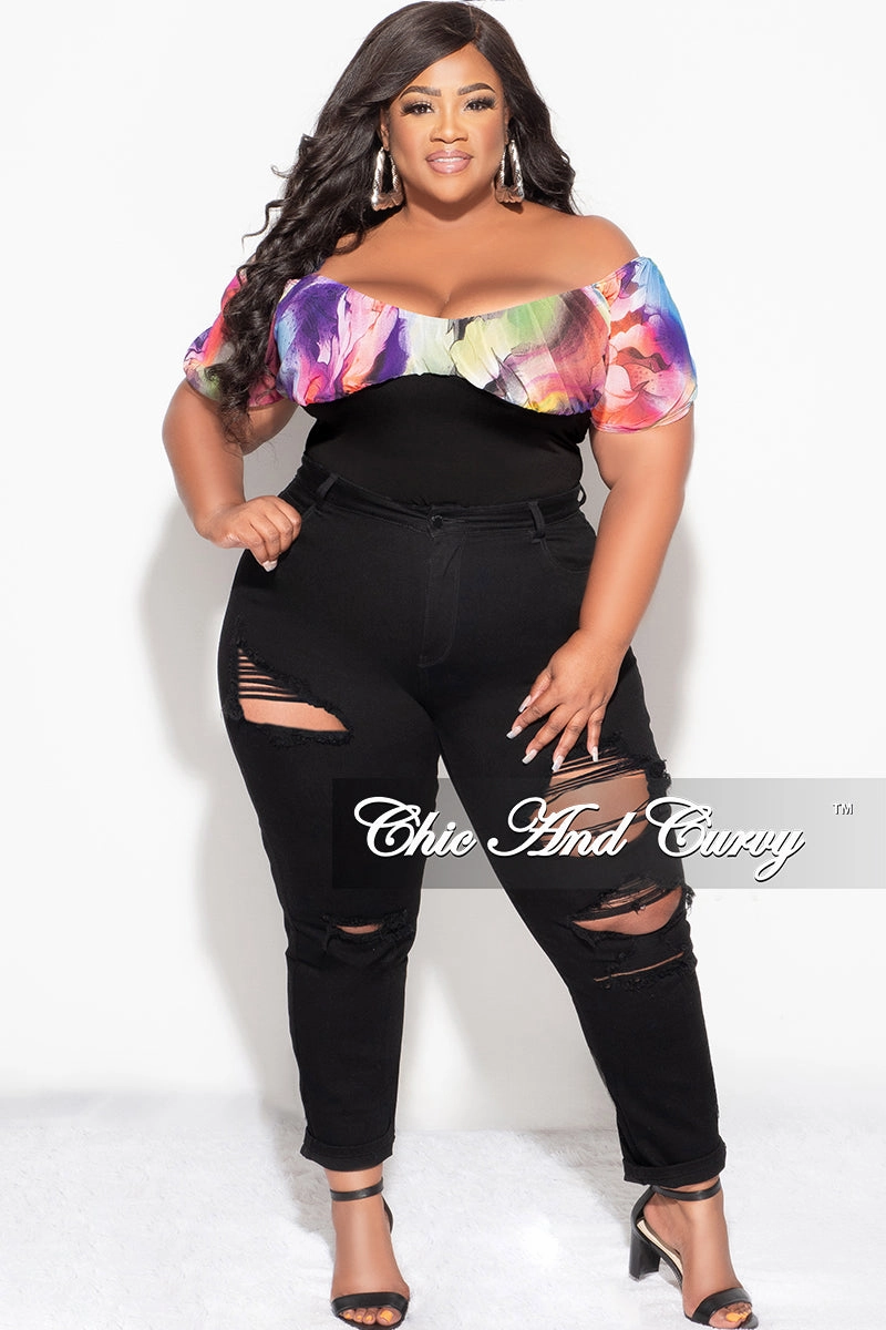 Urban Ready Minimal Bulk Final Sale Plus Size Off the Shoulder Bodysuit in Multi Color Floral Print