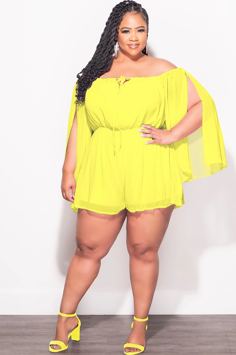 Final Sale Plus Size Off the Shoulder Chiffon Romper with Slit Sleeves in Yellow Puce QuickDryTechnology Comfort Fit Wear