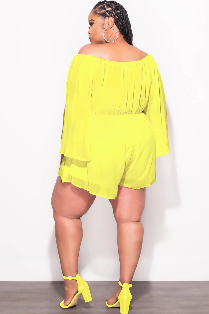 AdjustableTabs Final Sale Plus Size Off the Shoulder Chiffon Romper with Slit Sleeves in Yellow Puce